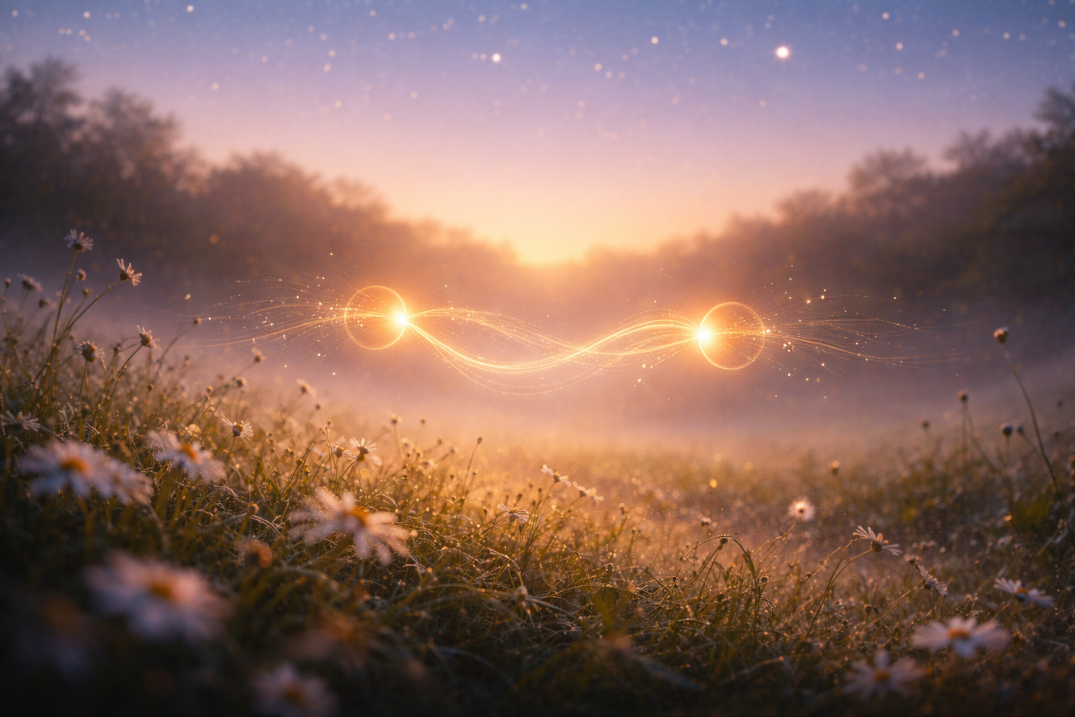 Two glowing orbs connected by oscillating light trails